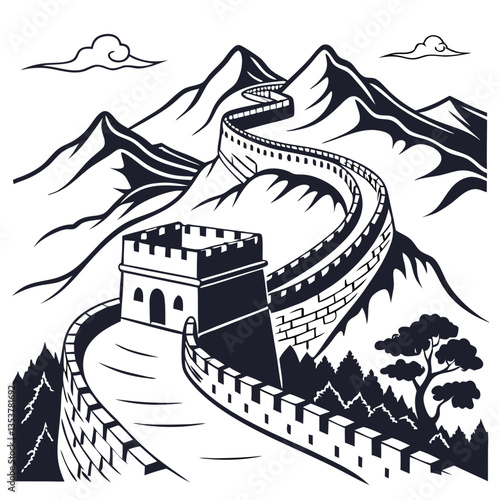 Grand Vector Illustration of the Great Wall of China Winding Through Mountains. Perfect for: Chinese New Year, National Day (China), Heritage Travel