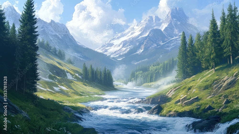 Obraz premium Majestic mountain landscape with rushing river flowing through verdant valley