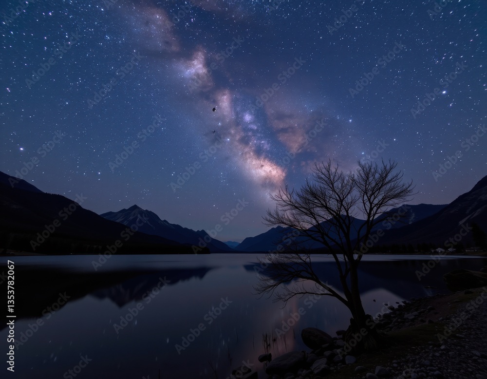 Starry night sky reflecting on calm lake with mountains in the background Starry night sky reflecting on calm lake with mountains in the background