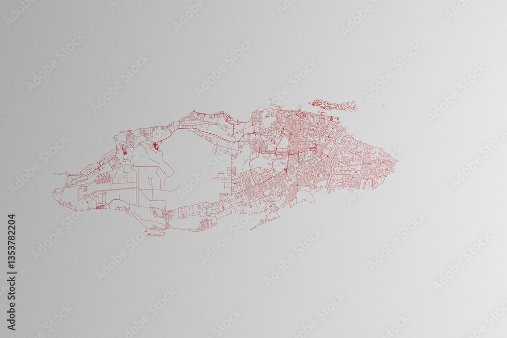 Map of the streets of Nassau (Bahamas) made with red lines on white paper. 3d render, illustration