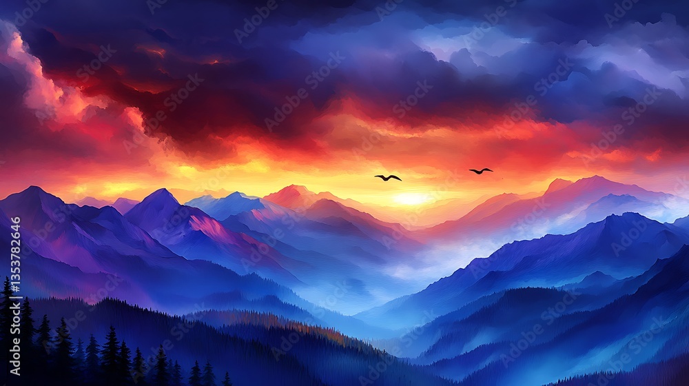 Fototapeta premium Dramatic sunset illuminating mountains with soaring birds in the sky