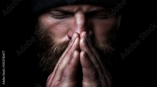Wallpaper Mural Close-up portrait of a man with hands clasped over his face, conveying deep thought or sorrow.  Dark, moody lighting emphasizes the facial expressions Torontodigital.ca