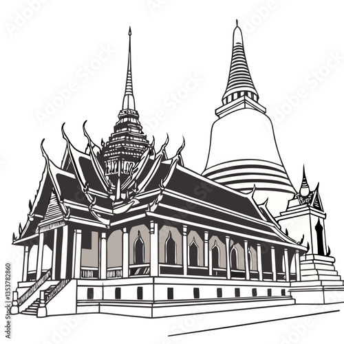 Majestic Vector Illustration of the Grand Palace in Bangkok, Thailand’s Royal Landmark. Perfect for: Thai New Year (Songkran), Buddhist Festivals, Royal Events