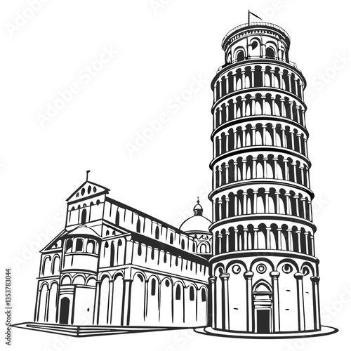 Vector Illustration of the Leaning Tower of Pisa, Italy. Travel brochures, educational content, Italy tourism, European landmarks, postcards.