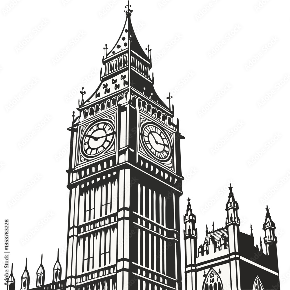Fototapeta premium Vector Illustration of Big Ben, London, England. London travel content, history documentaries, UK tourism, cityscape artwork, time-related themes.