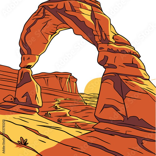 Vector Illustration of Arches National Park, USA. National park promotions, USA travel guides, geology studies, outdoor adventure content.