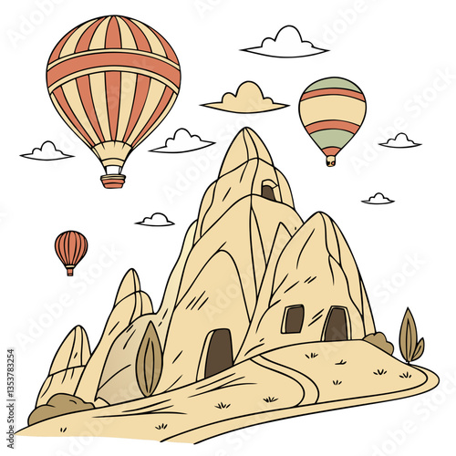 Vector Illustration of Cappadocia, Turkey. Adventure travel, cultural tourism, Turkish heritage, landscape illustrations, unique destinations.