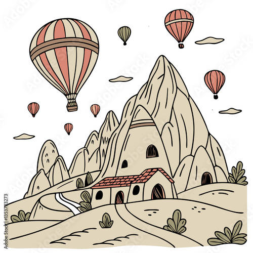 Vector Illustration of Cappadocia, Turkey. Adventure travel, cultural tourism, Turkish heritage, landscape illustrations, unique destinations.