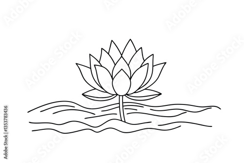 Water Lily Blossom, Aquatic Plant, Simple Line Drawing, Floral Illustration