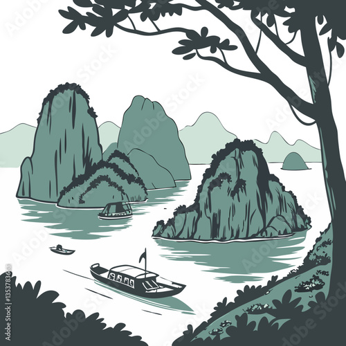 Ha Long Bay Vietnam Vector Illustration with Limestone Karsts. Tourism marketing, natural wonders, travel agency ads