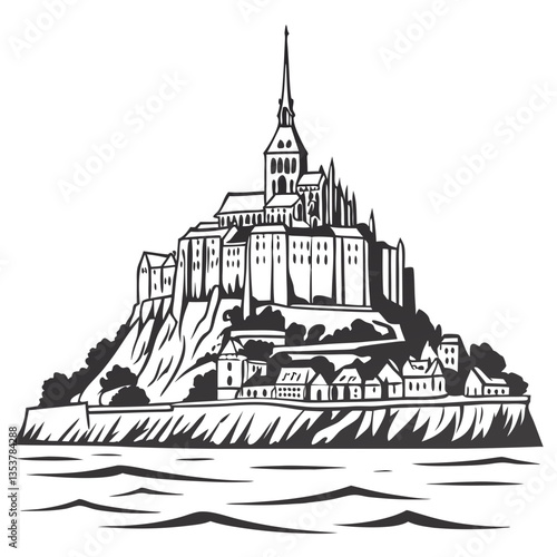 Mont Saint-Michel France Vector Illustration with Island Monastery. Fantasy themes, medieval architecture studies, European tourism