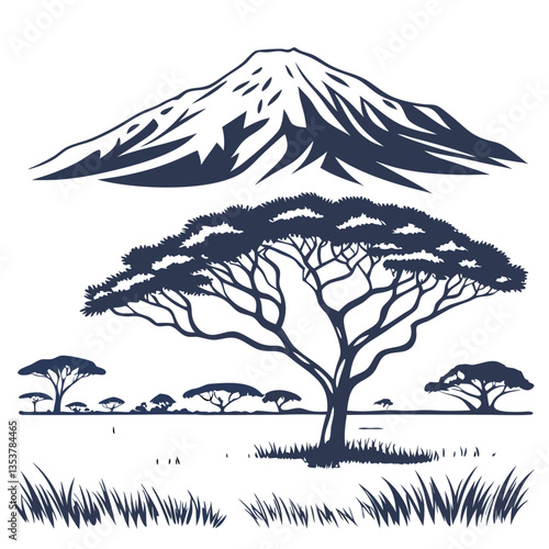 Mount Kilimanjaro Africa Vector Illustration with Snow-Capped Peak. Safari advertisements, nature expeditions, adventure travel