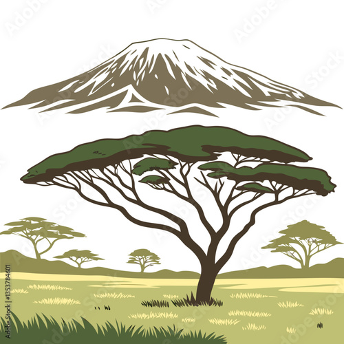 Mount Kilimanjaro Africa Vector Illustration with Snow-Capped Peak. Safari advertisements, nature expeditions, adventure travel