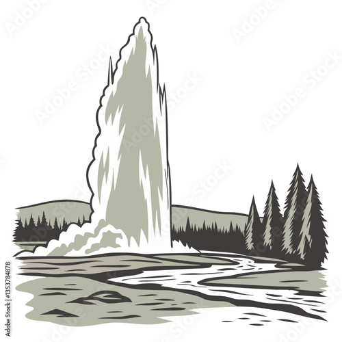 Old Faithful Geyser USA Vector Illustration with Eruption. Science education, USA national parks, travel documentaries, geothermal studies.