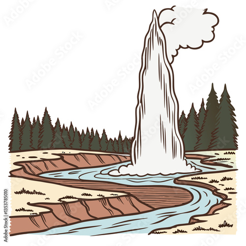Old Faithful Geyser USA Vector Illustration with Eruption. Science education, USA national parks, travel documentaries, geothermal studies.