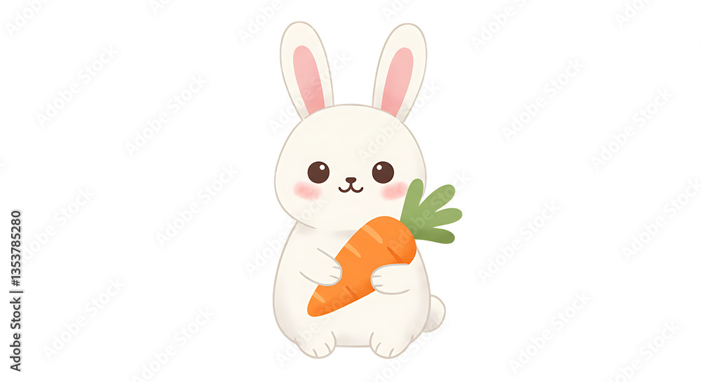 Fototapeta premium Cute White Bunny Holding Carrot Illustration on Clean White Background