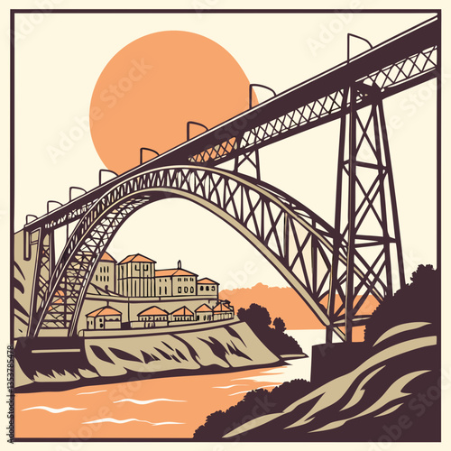 Porto Portugal Vector Illustration with Ancient Bridges and Sunset. Travel blogs, Portugal tourism promotions, romantic postcards