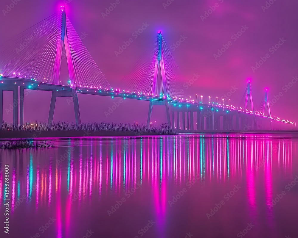 Fototapeta premium A brilliantly illuminated cable stayed bridge reflects in calm water