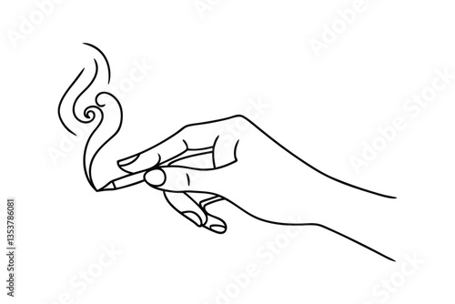 Hand holding burning incense stick, fragrant smoke swirls