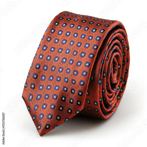 Elegant red tie with blue geometric pattern