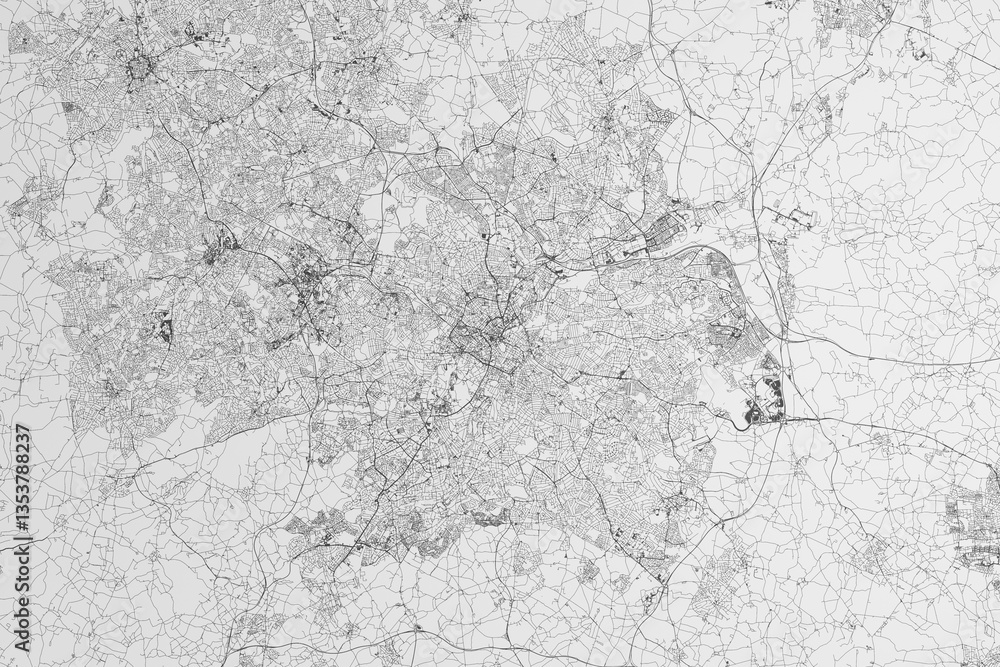 Map of the streets of Birmingham (UK) on white background. 3d render, illustration Map of the streets of Birmingham (UK) on white background. 3d render, illustration