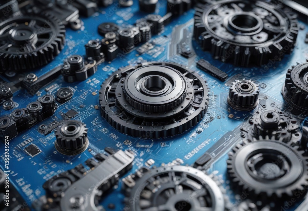 Blue and black digital circuit board with gears and cogs, circuitry, tech gadgets