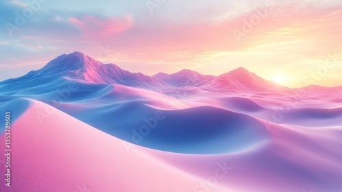 Dreamy desert landscape with smooth dunes in pink and blue hues under a vibrant sunset. Serene, futuristic scenery with soft light and harmonious colors.