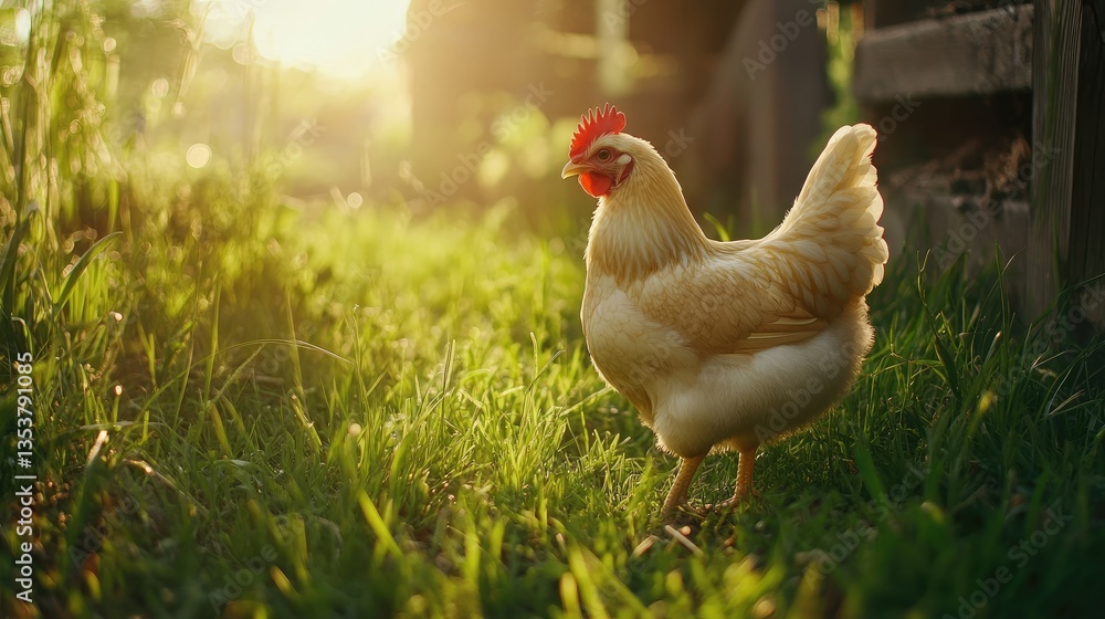 Fototapeta premium A Silkie chicken strolling through a farmyard with soft golden light, the lush green grass framing its delicate form.