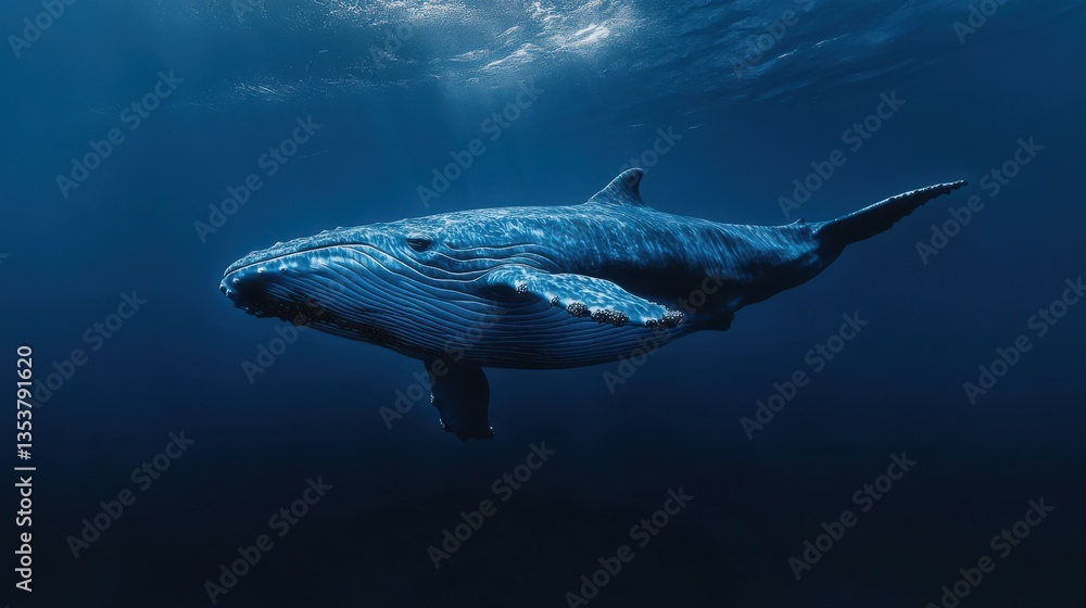 Fototapeta premium Humpback whale swimming in deep blue ocean underwater
