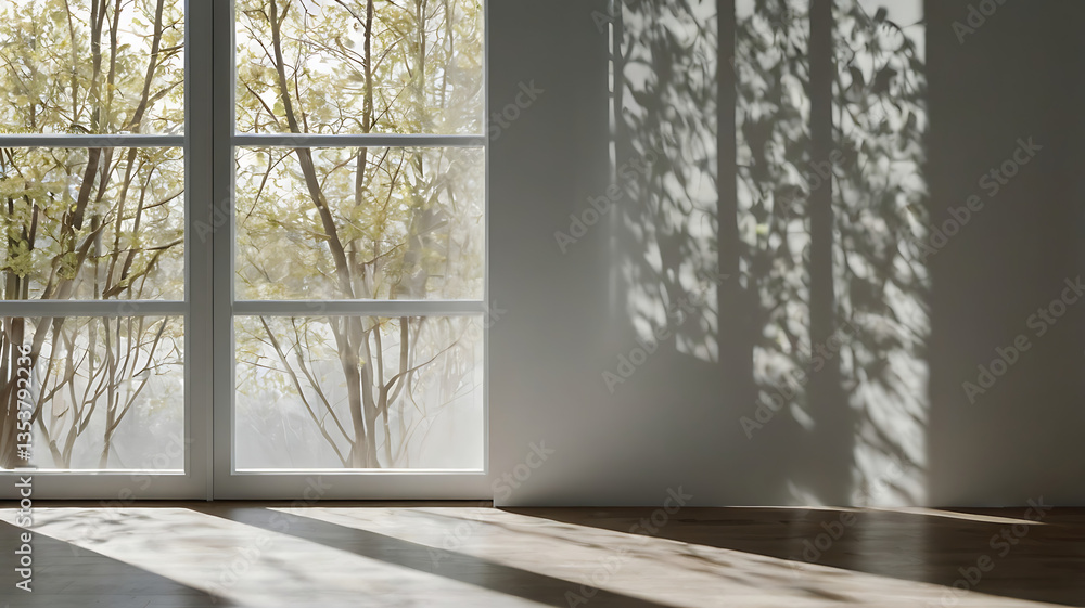 Fototapeta premium Modern Interior Design with Nature-Inspired Minimalism: Window Views, Natural Light, and Tranquil Greenery