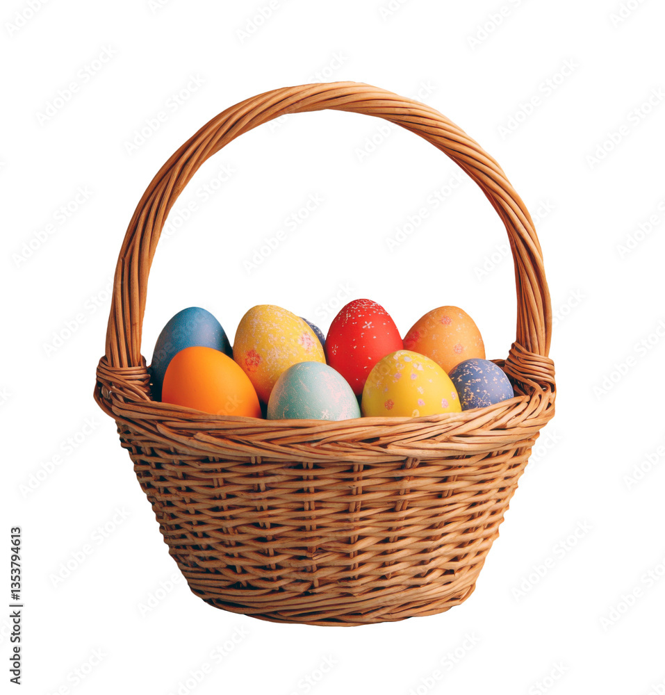 Classic Wicker Easter Basket Filled with Colorful Eggs Classic Wicker Easter Basket Filled with Colorful Eggs