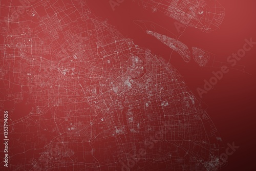 Map of the streets of Shanghai (China) made with white lines on abstract red background lit by two lights. Top view. 3d render, illustration