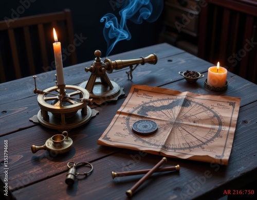 Antique navigational tools and chart displayed on a wooden table in a dimly lit room