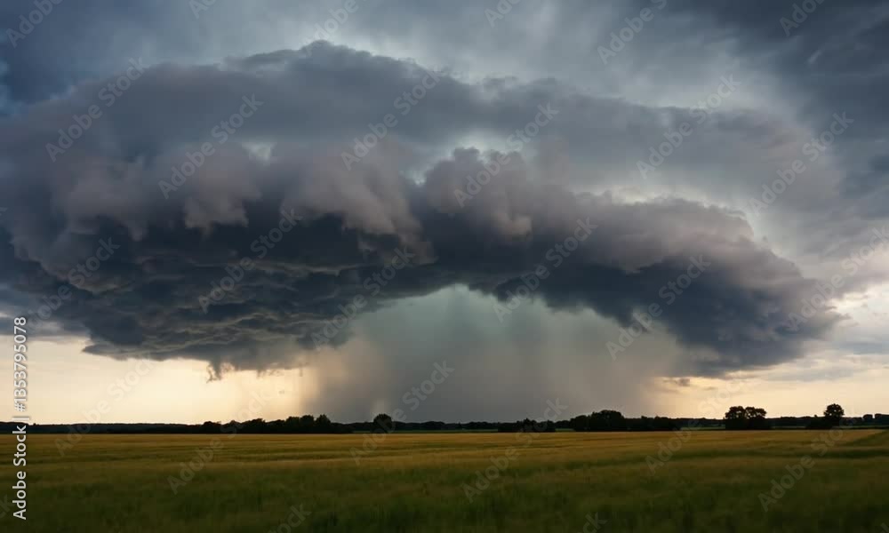 Stormy clouds quickly move over the green fields of young wheat, lit by sunlight, during a storm. 4K TimeLaps Stormy clouds quickly move over the green fields of young wheat, lit by sunlight, during a storm. 4K TimeLaps