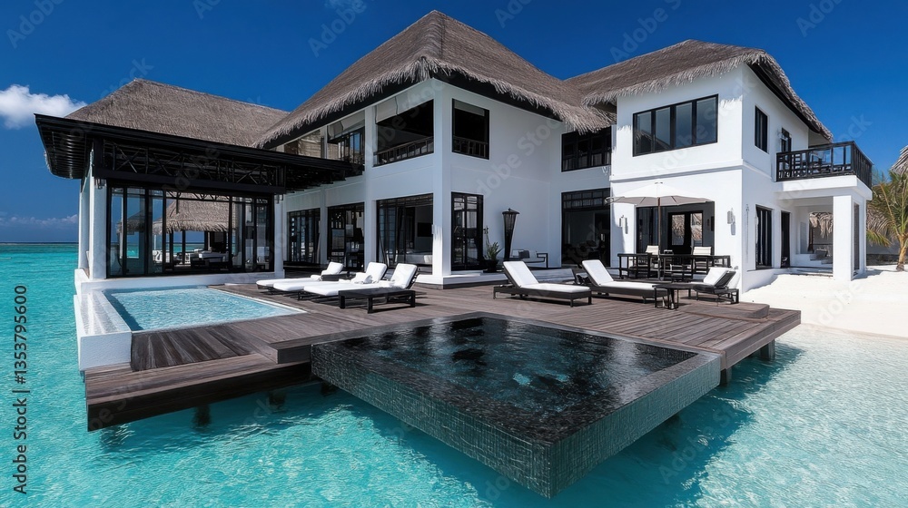 Fototapeta premium A luxury overwater villa in the Maldives, with crystal-clear waters and a private deck with sun loungers