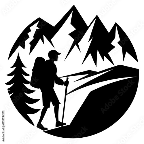 Hiker Silhouette on Mountain Trail - Outdoor Adventure Vector Art