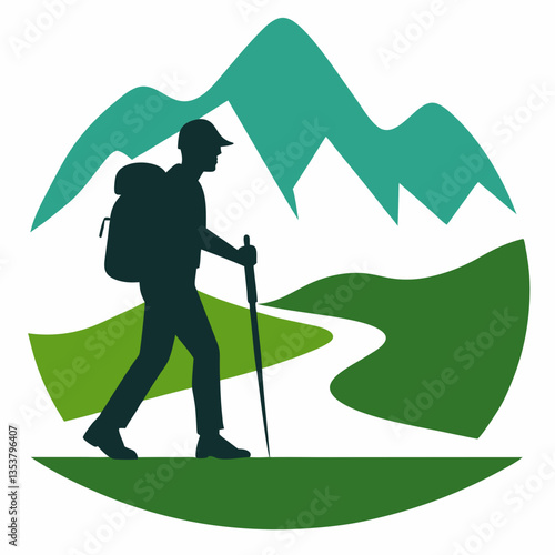 Hiker Silhouette on Mountain Trail - Outdoor Adventure Vector Art