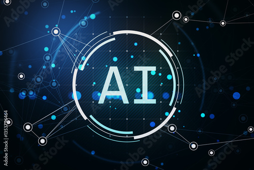 Futuristic AI digital symbol with glowing blue network connections on a dark background. 3D Rendering