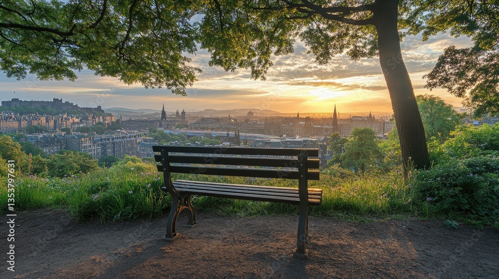 Bench by a scenic overlook in Edinburgh, providing a quiet moment to admire the cityscape.