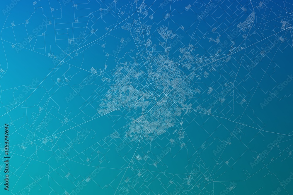 Map of the streets of Faisalabad (Pakistan) made with white lines on greenish blue gradient background. 3d render, illustration