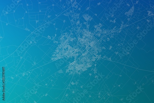 Map of the streets of Faisalabad (Pakistan) made with white lines on greenish blue gradient background. 3d render, illustration