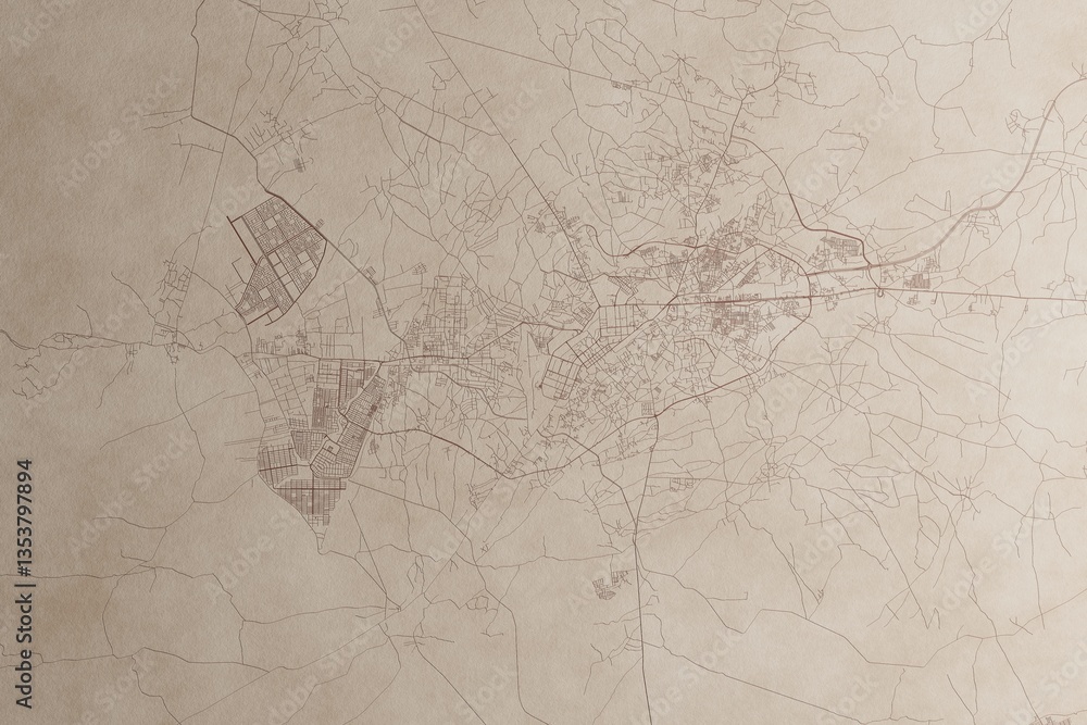 Map of Peshawar (Pakistan) on an old vintage sheet of paper. Retro style grunge paper with light coming from right. 3d render