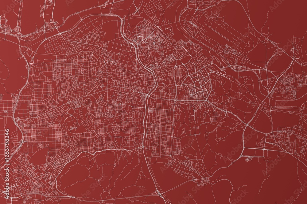 Map of the streets of Daegu (South Korea) made with white lines on red background. Top view. 3d render, illustration