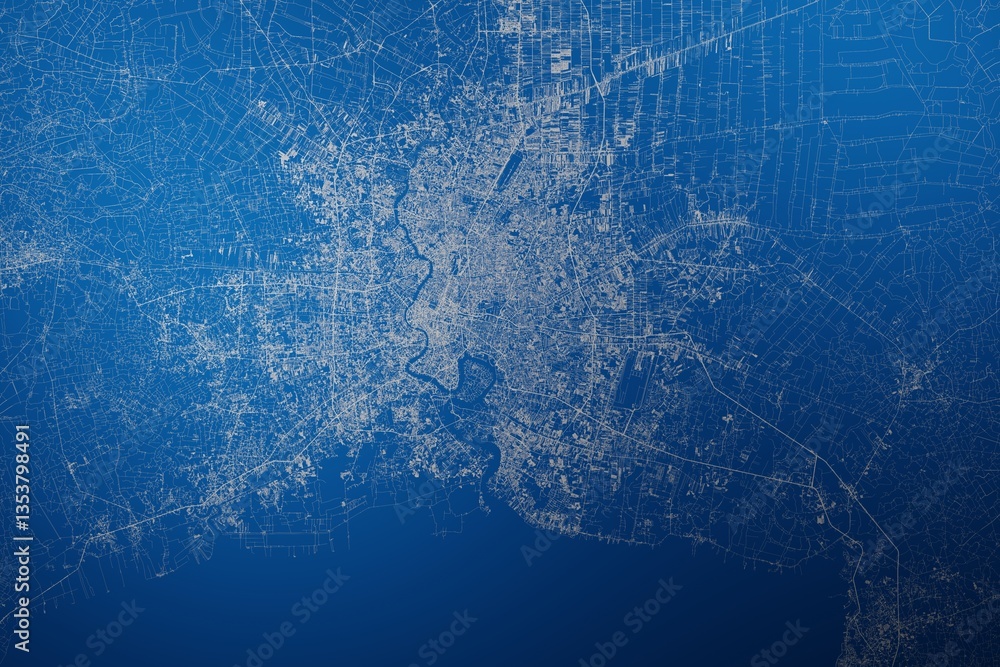 Stylized map of the streets of Bangkok (Thailand) made with white lines on abstract blue background lit by two lights. Top view. 3d render, illustration