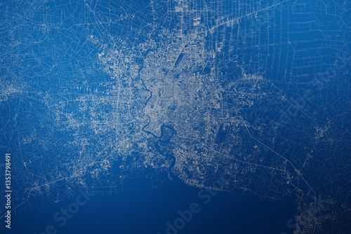 Obraz na płótnie Stylized map of the streets of Bangkok (Thailand) made with white lines on abstract blue background lit by two lights. Top view. 3d render, illustration w salonie