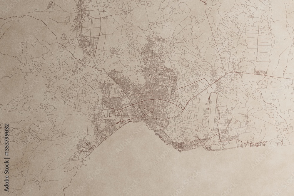 Map of Antalya (Turkey) on an old vintage sheet of paper. Retro style grunge paper with light coming from right. 3d render