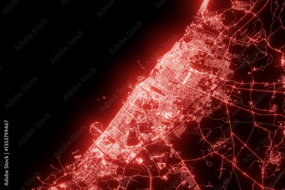 Street map of Dubai (UAE) made with red illumination and glow effect. Top view on roads network. 3d render, illustration