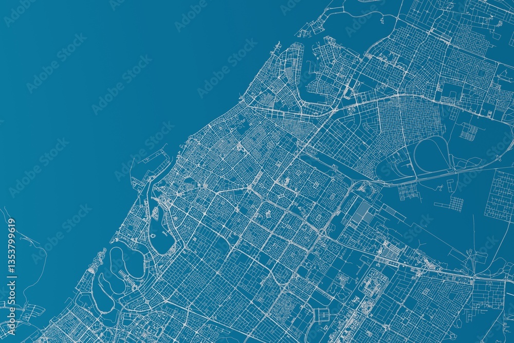 Map of the streets of Sharjah (UAE) made with white lines on blue background. 3d render, illustration