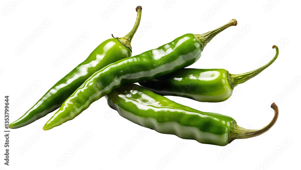 Fresh Green Chili Peppers with Glossy Texture on White Background Fresh Green Chili Peppers with Glossy Texture on White Background
