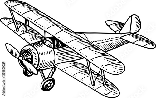 vintage biplane sketch design detailed monochrome illustration of classic aircraft, aviation nostalgia